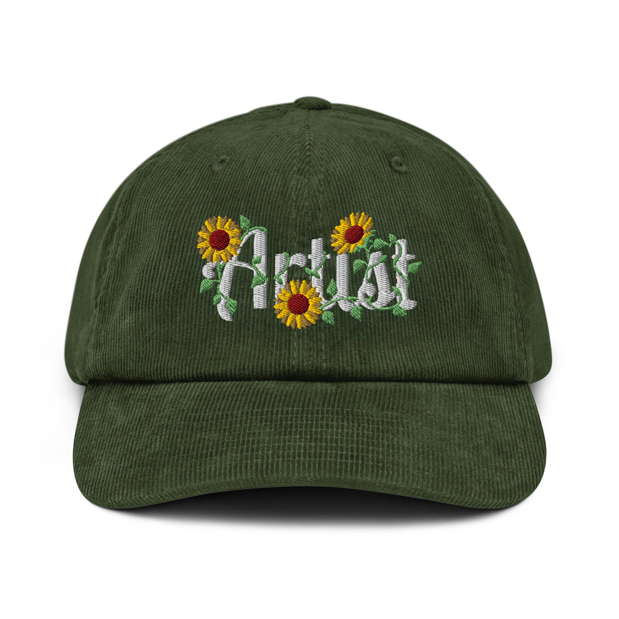 An olive green corduroy baseball cap featuring embroidered white script text reading 'Artist' surrounded by yellow sunflowers and green leaves on the front panel, set against a plain white background.
