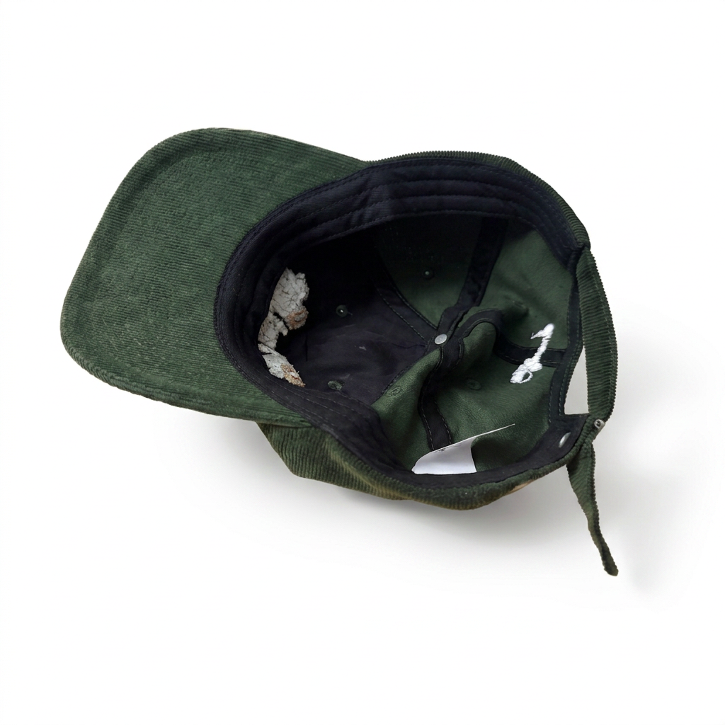An olive green corduroy baseball cap shown from an overhead angle, revealing a black inner lining and white interior tags.