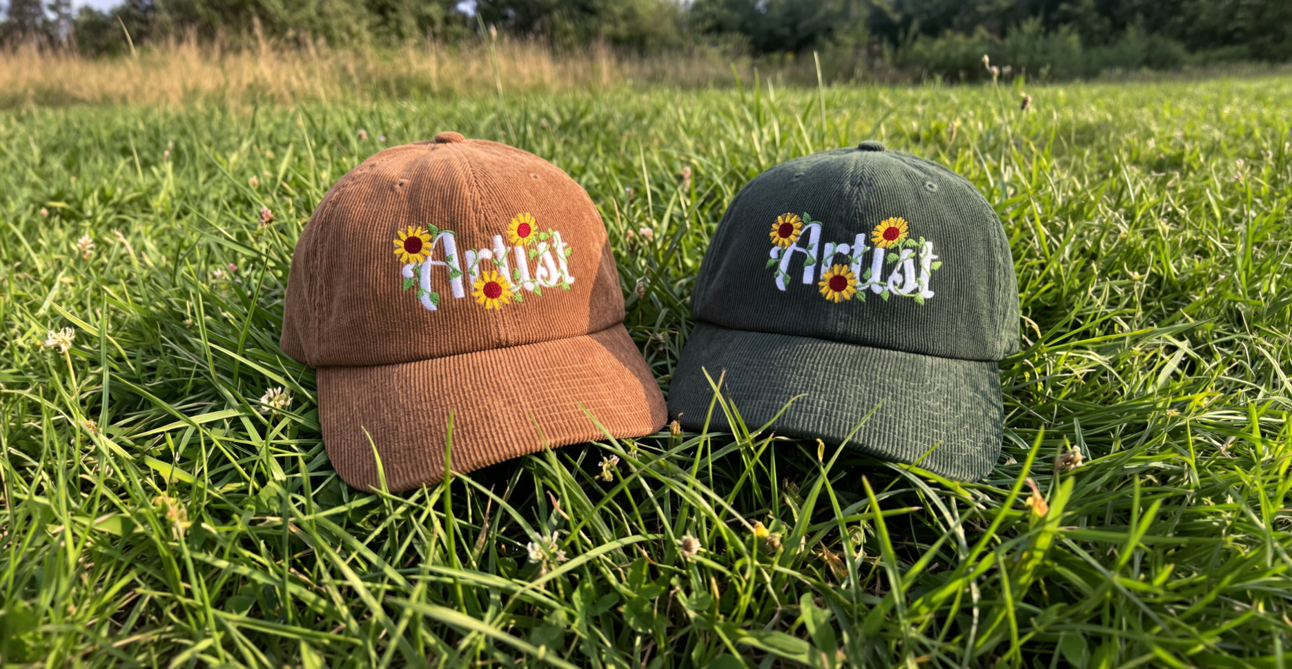 Two embroidered baseball caps resting on a green grassy field. The cap on the left is brown with a white embroidered 'Artist' text and yellow sunflower details, while the cap on the right is dark green with the same design.