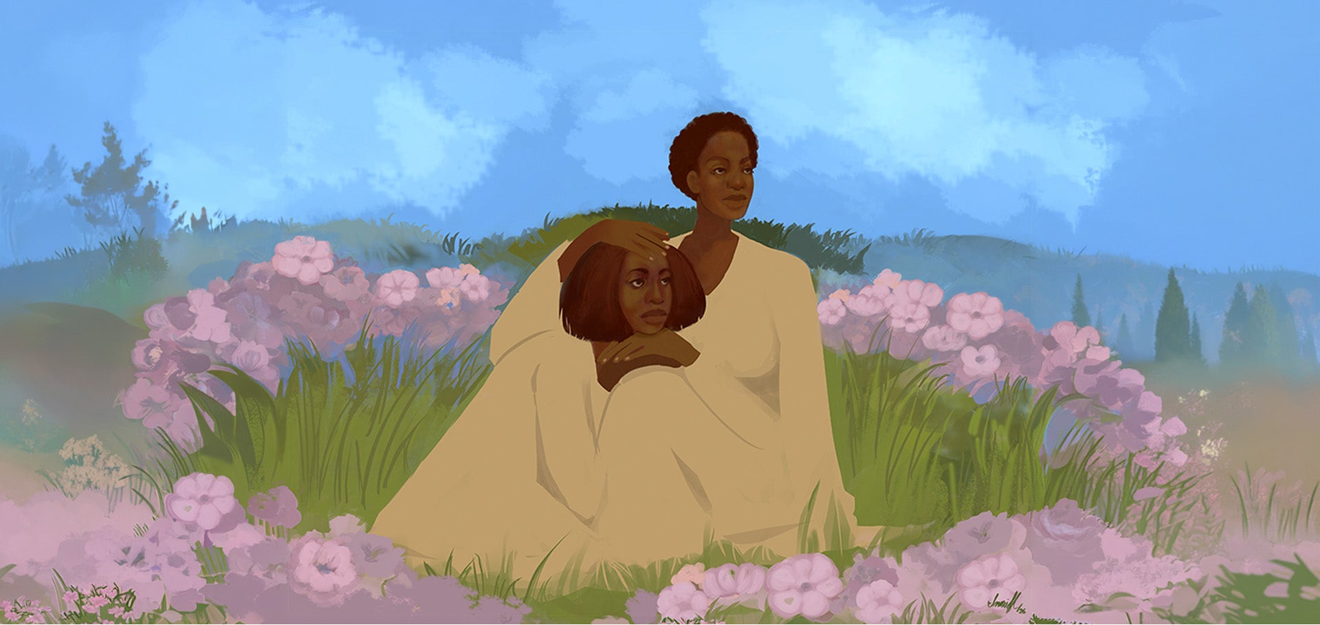 An illustrated scene of two Black women embracing in a grassy field with pink flowers under a blue sky.